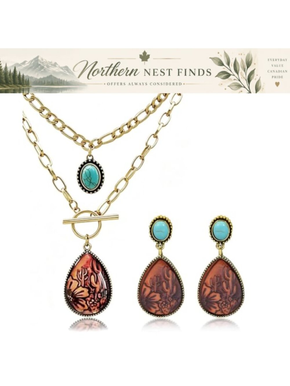 Western Turquoise Jewelry Set Gold Tone Earrings for Women